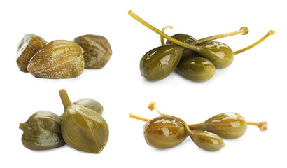 Tasty pickled caper flower buds and berries isolated on white, set