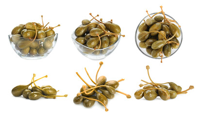 Tasty pickled caper berries isolated on white, set