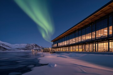 Obraz premium This captivating night view of a sleek modern building is dramatically enhanced by the magical aurora overhead, creating an enchanting winter scene full of wonder.
