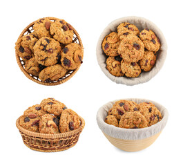 Yummy cookies with nuts and dried cranberries isolated on white, collage