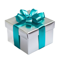 Elegant Silver Gift Box Adorned with a Turquoise Satin Ribbon, Perfect for Any Celebration or Special Occasion