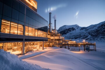 Fototapeta premium An industrial scene showcasing a facility with smoke rising from chimneys, surrounded by snow-covered terrain and mountains, symbolizing energy production in isolated environments.