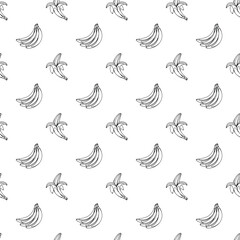 Obraz premium Banana outline seamless pattern on white background. Wrapping paper, gift card, poster, banner design. Home decor, modern textile print. Summer bright geometric fruits patterned.