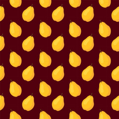 Seamless pattern with yellow pear on brown background. Fruit background. Wrapping paper, gift card, poster, banner design. Home decor, modern textile print. Summer bright geometric fruits patterned.