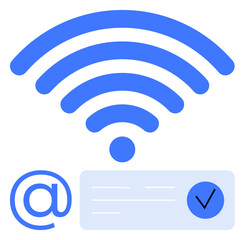 Blue wireless signal waves over an email icon with a checkmark in a confirmation box. Ideal for themes of communication, internet services, email verification, connectivity, technology support