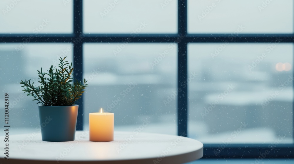 Poster Candle burning on table by window while snow is falling outside