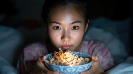 Nocturnal binge eating disorder, psychological condition marked by overeating during night, driven by emotional triggers, disrupting sleep patterns, leading to feelings of guilt, shame, poor health.