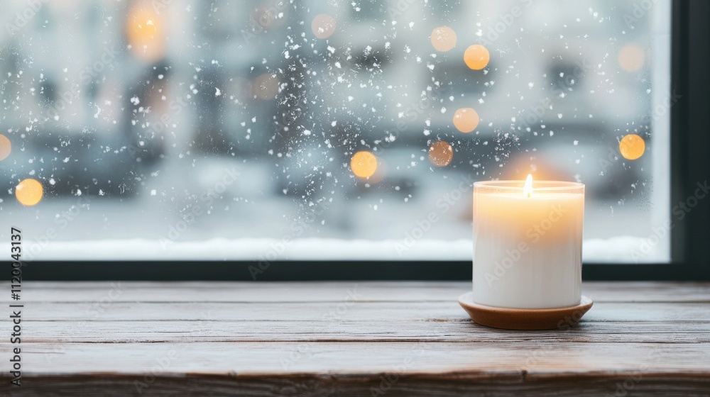 Poster Burning candle creating warm glow on table by frosted window during winter snowfall