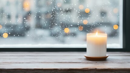 Burning candle creating warm glow on table by frosted window during winter snowfall