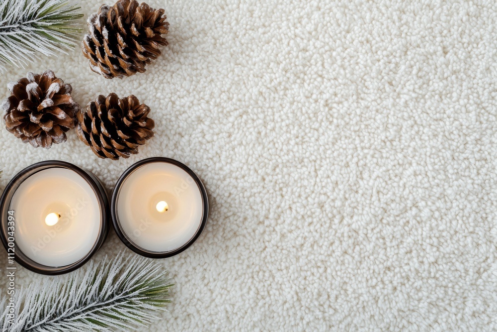 Poster burning candles and pine cones creating cozy winter atmosphere on soft blanket