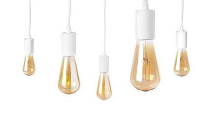 Light bulbs hanging on white background. Banner design