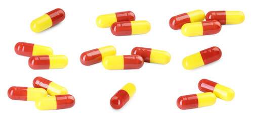 Antibiotic pills isolated on white, set. Medication