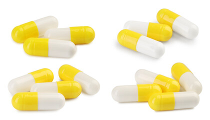 Antibiotic pills isolated on white, set. Medication