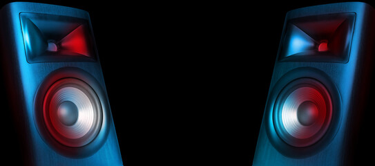 Two sound speakers on black background, banner design