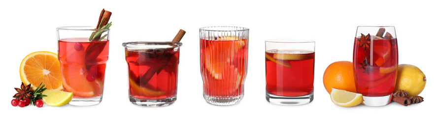 Tasty punch drink in glasses isolated on white, set