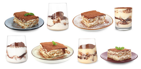 Yummy tiramisu desserts on white background, set