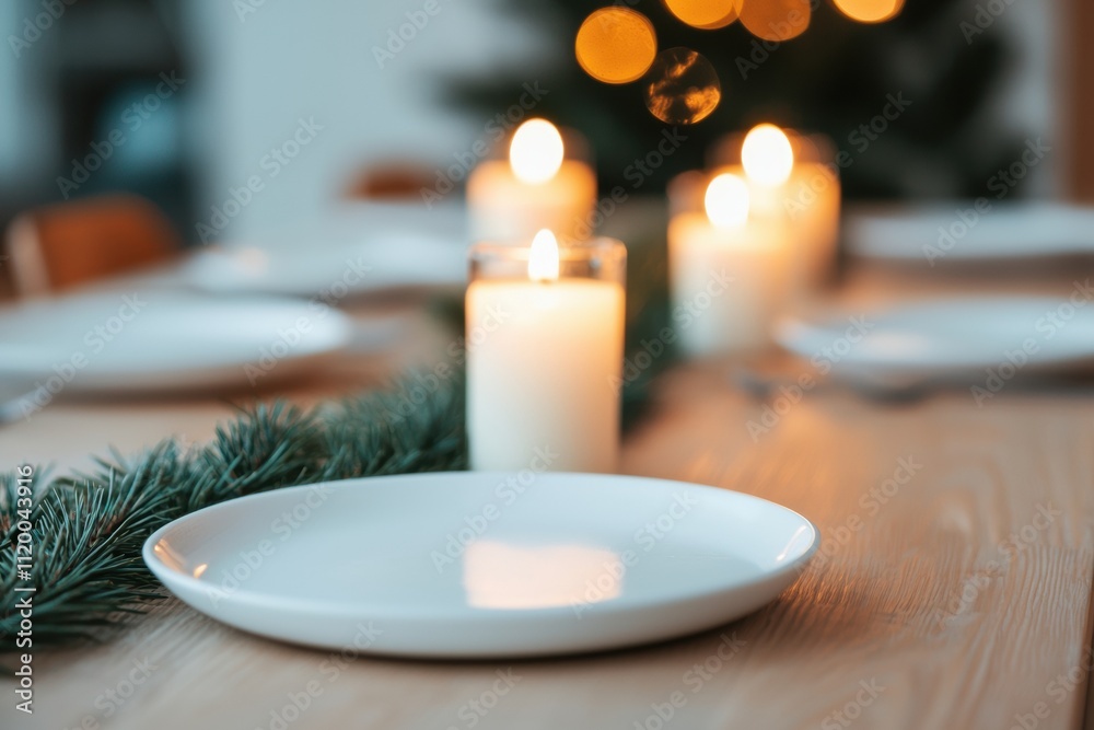 Poster christmas table setting with burning candles and pine branches creating cozy ambiance