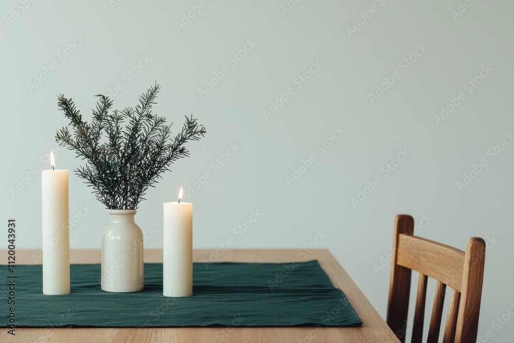 Poster minimalist winter table setting with burning candles and foliage