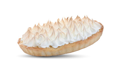 Delicious lemon meringue pie in air on white background