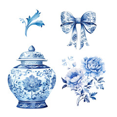 Blue set of Watercolor Chinoiserie floral ornament vintage art