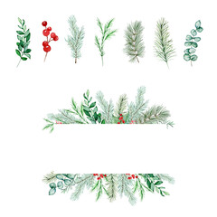 Christmas frame with watercolor winter greenery floral © SvetaArt