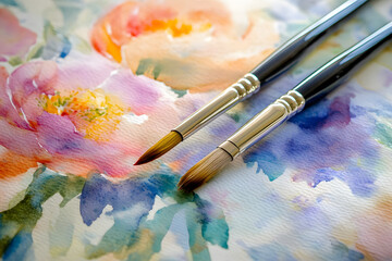 Obraz premium Artistic Watercolor Greeting Cards with Floral Designs and Painter's Tools 