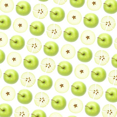 Pattern of fresh green apples on white background