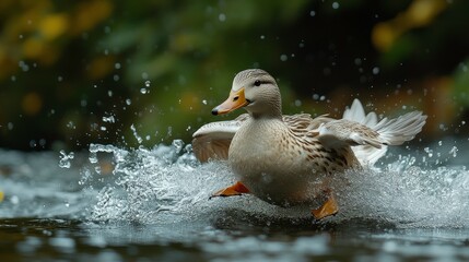 Elegant Duck Splashing Through Water with Dynamic Motion and Vibrant Ripples in a Natural Setting Highlighting Wildlife in Action