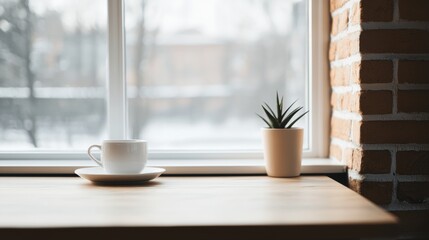 Fototapeta premium Steaming cup of coffee by the window on a cold winter day