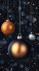 Three beautifully designed holiday ornaments in gold, silver, and black hang gracefully against a dark backdrop filled with sparkling lights, creating a festive atmosphere.