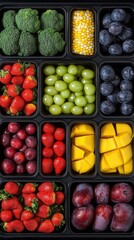 Colorful assortment of fruits and vegetables organized in containers showcases strawberries, blueberries, mango, broccoli, and snap peas for meal preparation