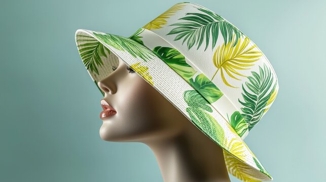 Custom hat fashion concept. Stylish floral bucket hat displayed on a mannequin head