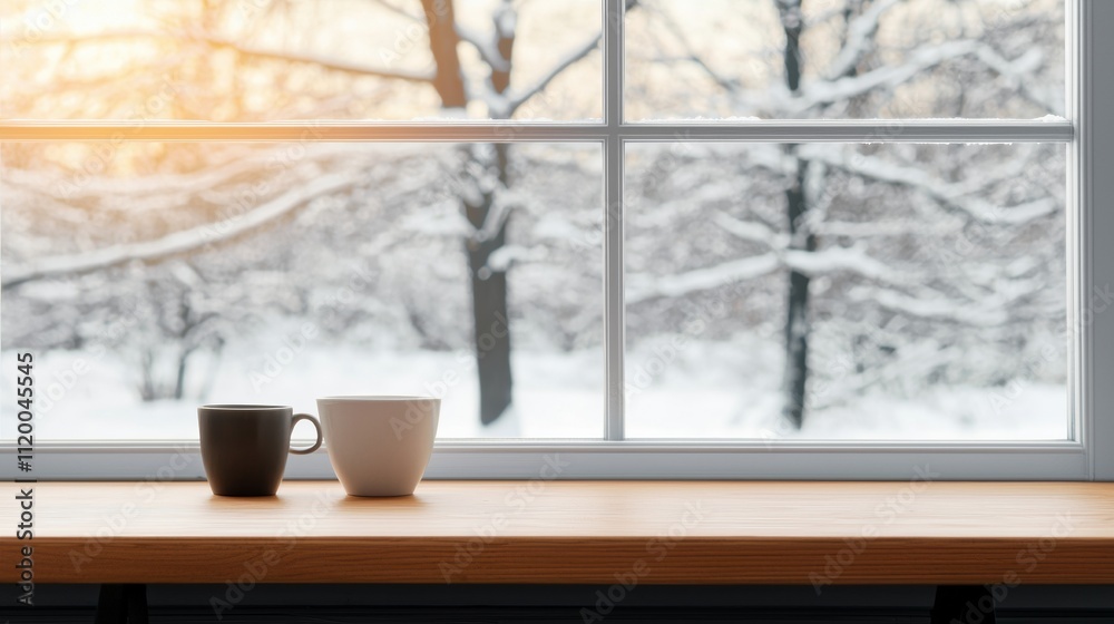 Poster two cups resting on table by window overlooking snow covered trees in winter sunlight