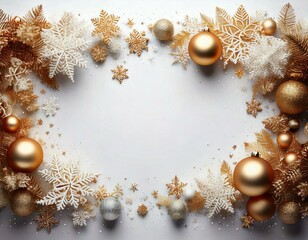 white and gold christmas background with balls and snowflakes