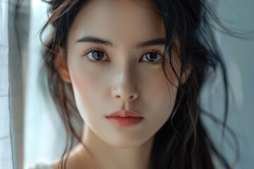 Naklejka premium Asian woman poses for camera in studio photography session.
