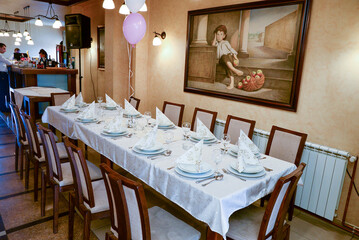 October 6, 2018. Belgrade, Serbia - Restaurant interior with pink and white balloons ready to host a celebration