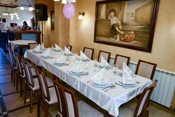 October 6, 2018. Belgrade, Serbia - Restaurant interior with pink and white balloons ready to host a celebration