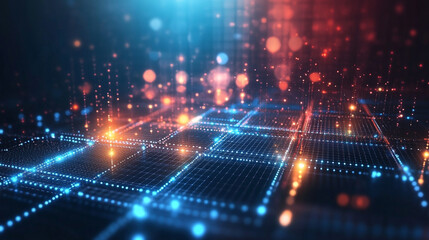 Fototapeta premium Red virtual abstract background space tunnel with neon line lights. Abstract blockchain, futuristic technology. distributed data storage.