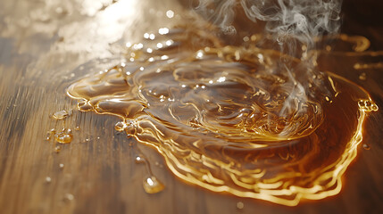 A small puddle of liquid on a wooden surface with steam rising from it