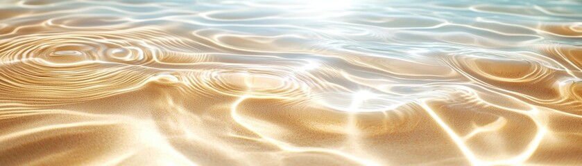 Obraz premium Vacation spot concept with sandy beach and relaxing wave. Glittering ocean surface with shimmering sunlight reflections