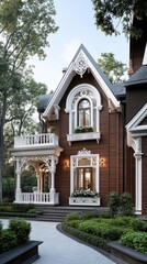 A beautiful four-story house showcases detailed architecture with large windows and balconies, surrounded by tall trees and a manicured lawn, illuminated softly as evening falls