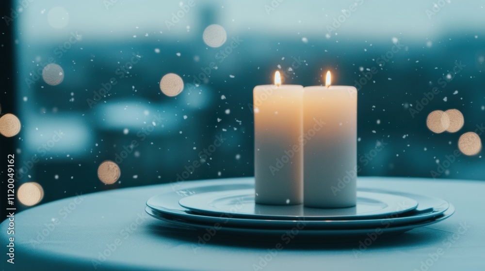 Poster Lit candles creating festive atmosphere on holiday table setting with falling snow outside window