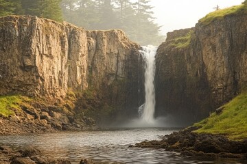 Naklejka premium Waterfall cascading from rocky cliffs into a tranquil pond, surrounded by lush nature