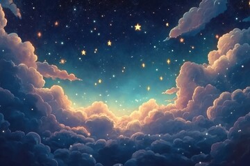 A Serene Night Sky Above Soft Clouds and Stars