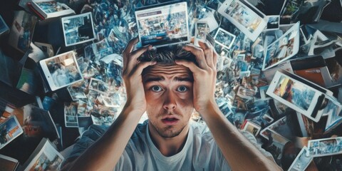 Overwhelmed by Memories: A Young Man Surrounded by a Cascade of Photos and Digital Images, Feeling the Weight of Information Overload and Nostalgia