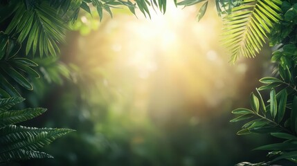 Tropical plants glowing in golden light, their transpiration enhancing the humid environment