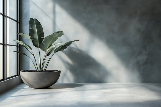  A minimalist interior space with a large potted plant near the window Riverbank Olive green khaki stone gray water blue Hyperrealism