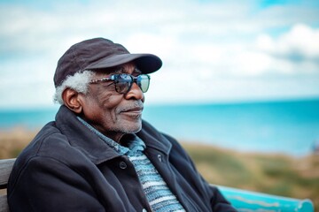 Senior african american man wearing sunglasses and a cap, sitting on a bench, enjoying the tranquil view of the ocean