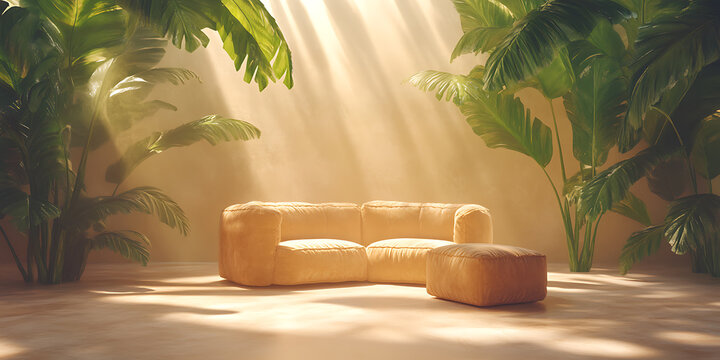  Pink pastel surreal minimal tropical leaves plants and couch in peachy pink background 3d render Safari Adventure Olive khaki deep brown soft yellow Art Brut (Raw Art)
