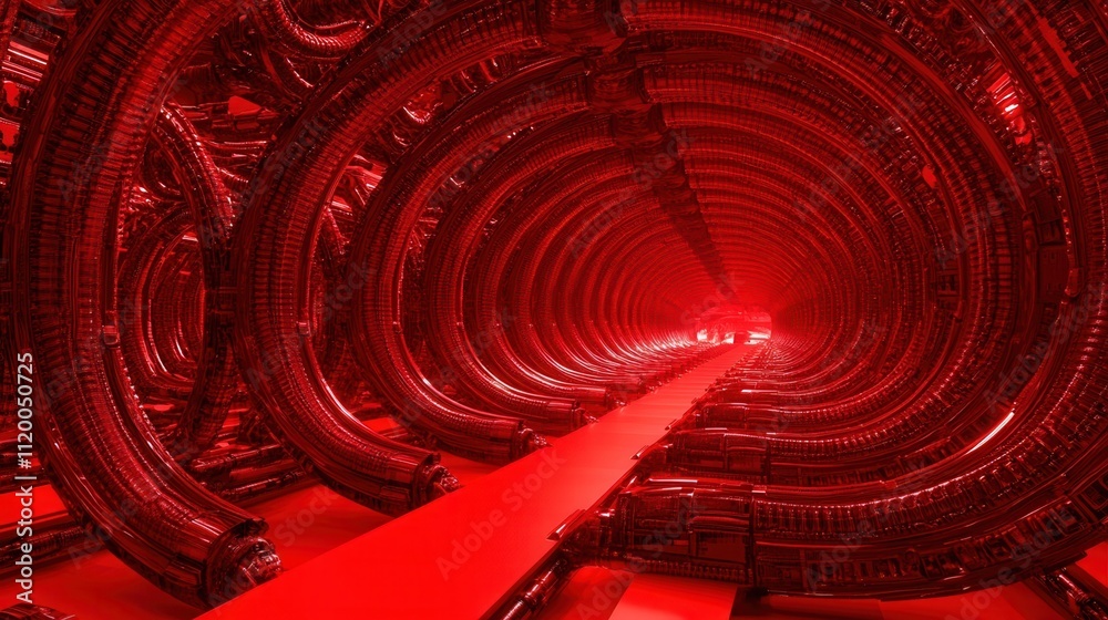 Wall mural a futuristic tunnel illuminated in red, featuring intricate metallic structures and a sleek pathway 